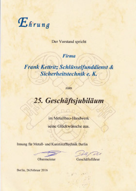 Ehrung für Frank Kettritz Schüsselfunddienst und Sicherheitstechnik für 25. Geschäftsjubiläum