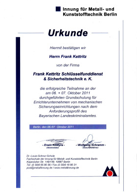 Urkund Frank Kettritz: Grundschulung für Errichterunternehmen