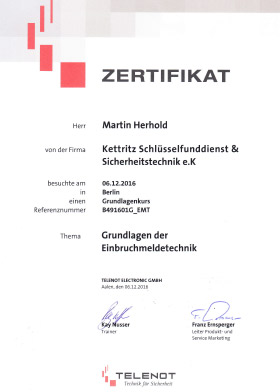 Zertifikat Martin Herholf Grundlagen der Einbruchmeldetechnik
