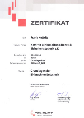 Zertifikat Frank Kettritz: Grundlagen der Einbruchmeldetechnik