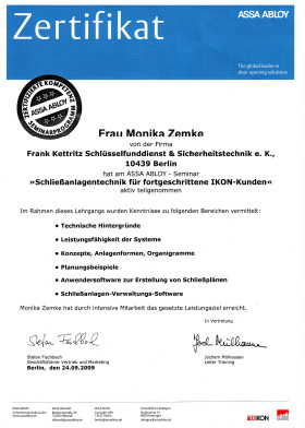 Zertifikat Zemke: Schließtechnik für Fortgeschrittende IKON-Kunden