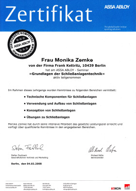 Zertifikat Schließanlagentechnik Zemke