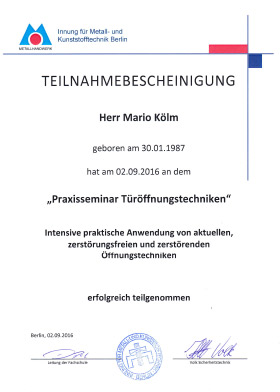 Teilnahmebescheinigung Kölm Türöffnungstechniken 2016