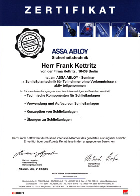 Zertifikat Frank Kettritz: Assa Abloy Schließplantechnik