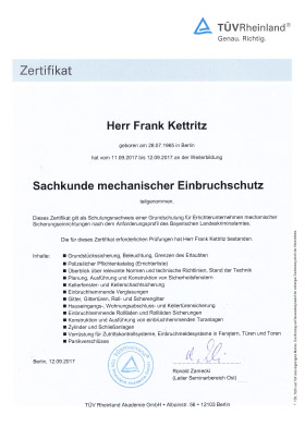 Zertifikat Frank Kettritz: Sachkunde mechanischer Einbruchschutz
