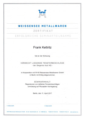 Zertikat Weissensee Metallwaren: Verdeckt liegende Fensterbeschläge für Frank Kettritz